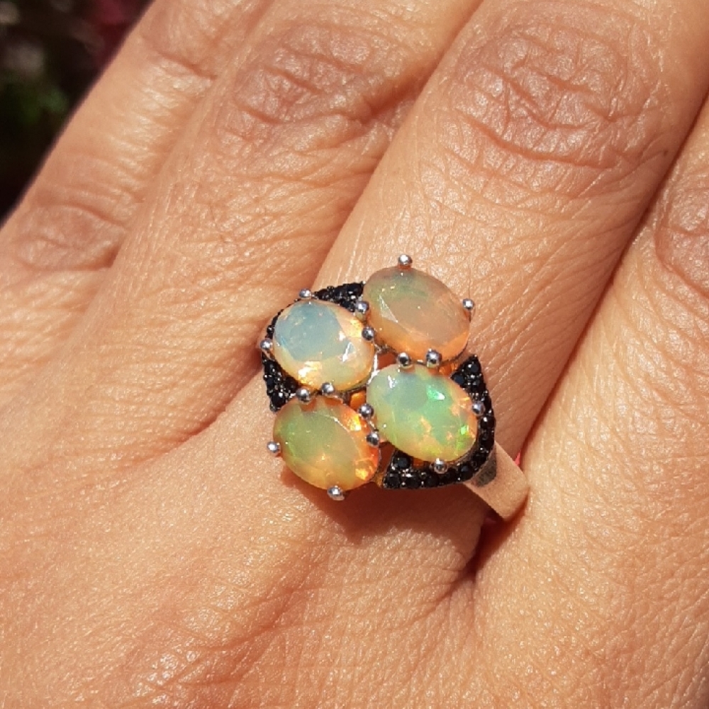 925 Ethiopian Faceted Opal And Black Spinel Ring. FIRM.
